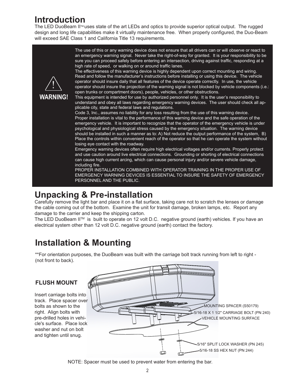 Introduction, Unpacking & pre-installation, Installation & mounting | Warning | Code 3 DuoBeam II User Manual | Page 2 / 12