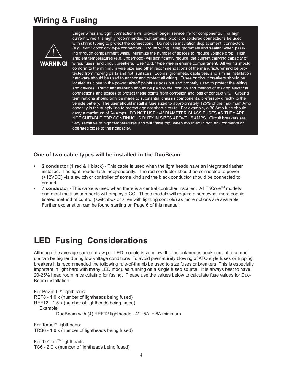 Wiring & fusing, Led fusing considerations, Warning | Code 3 DuoBeam II User Manual | Page 4 / 12