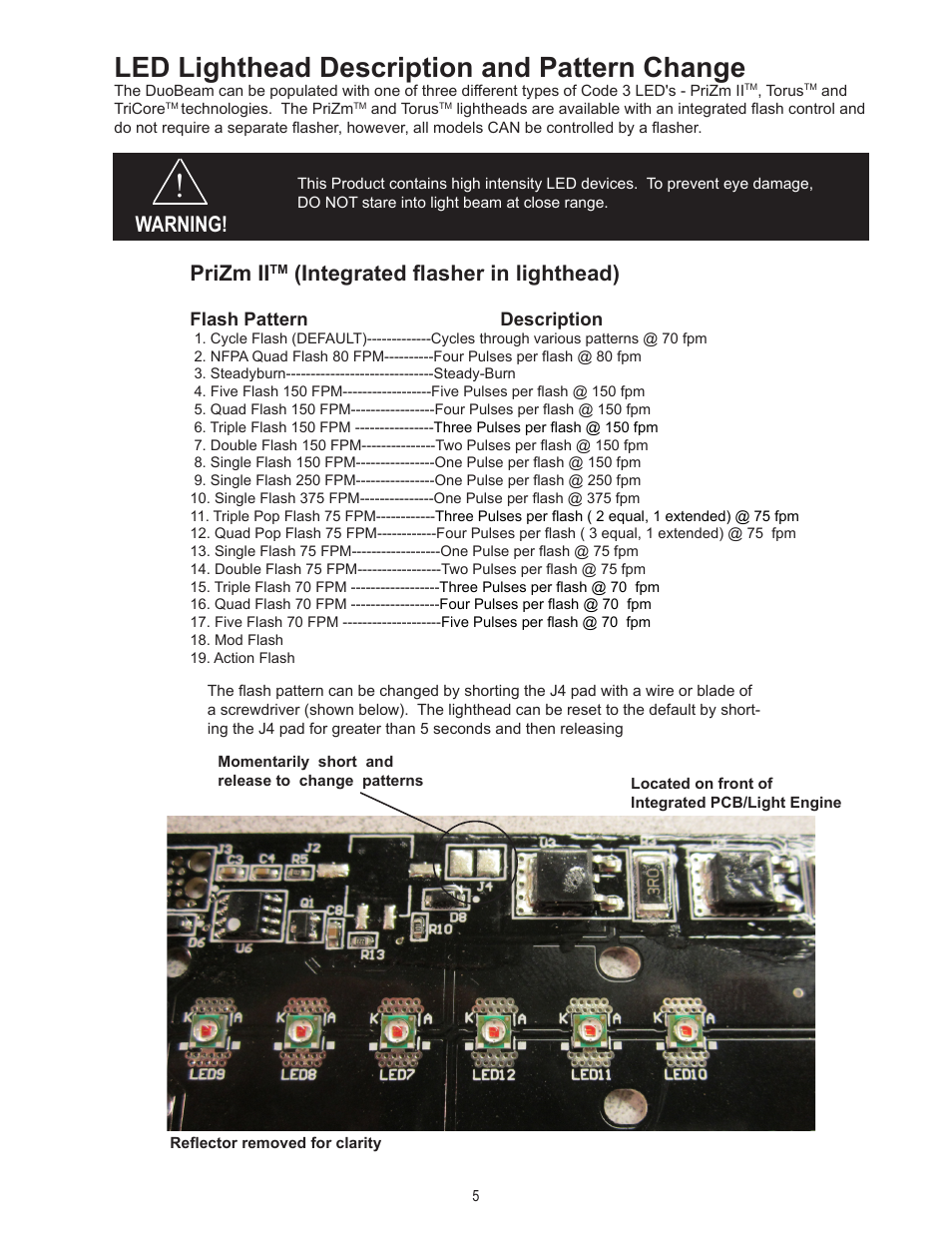 Led lighthead description and pattern change, Prizm ii, Integrated flasher in lighthead) | Warning | Code 3 DuoBeam II User Manual | Page 5 / 12