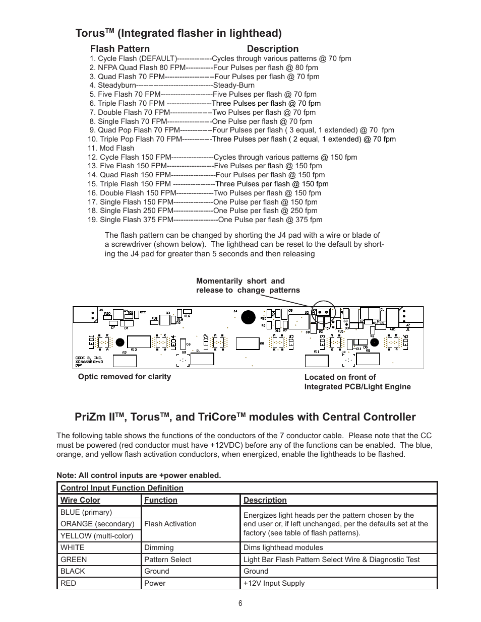Torus, Integrated flasher in lighthead), Prizm ii | And tricore, Modules with central controller, Flash pattern description | Code 3 DuoBeam II User Manual | Page 6 / 12