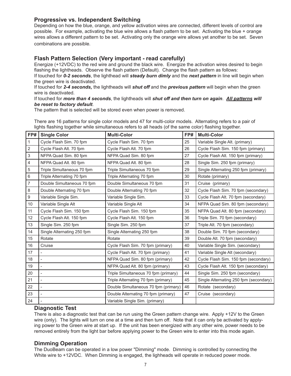 Progressive vs. independent switching, Flash pattern selection, Very important - read carefully) | Diagnostic test, Dimming operation | Code 3 DuoBeam II User Manual | Page 7 / 12