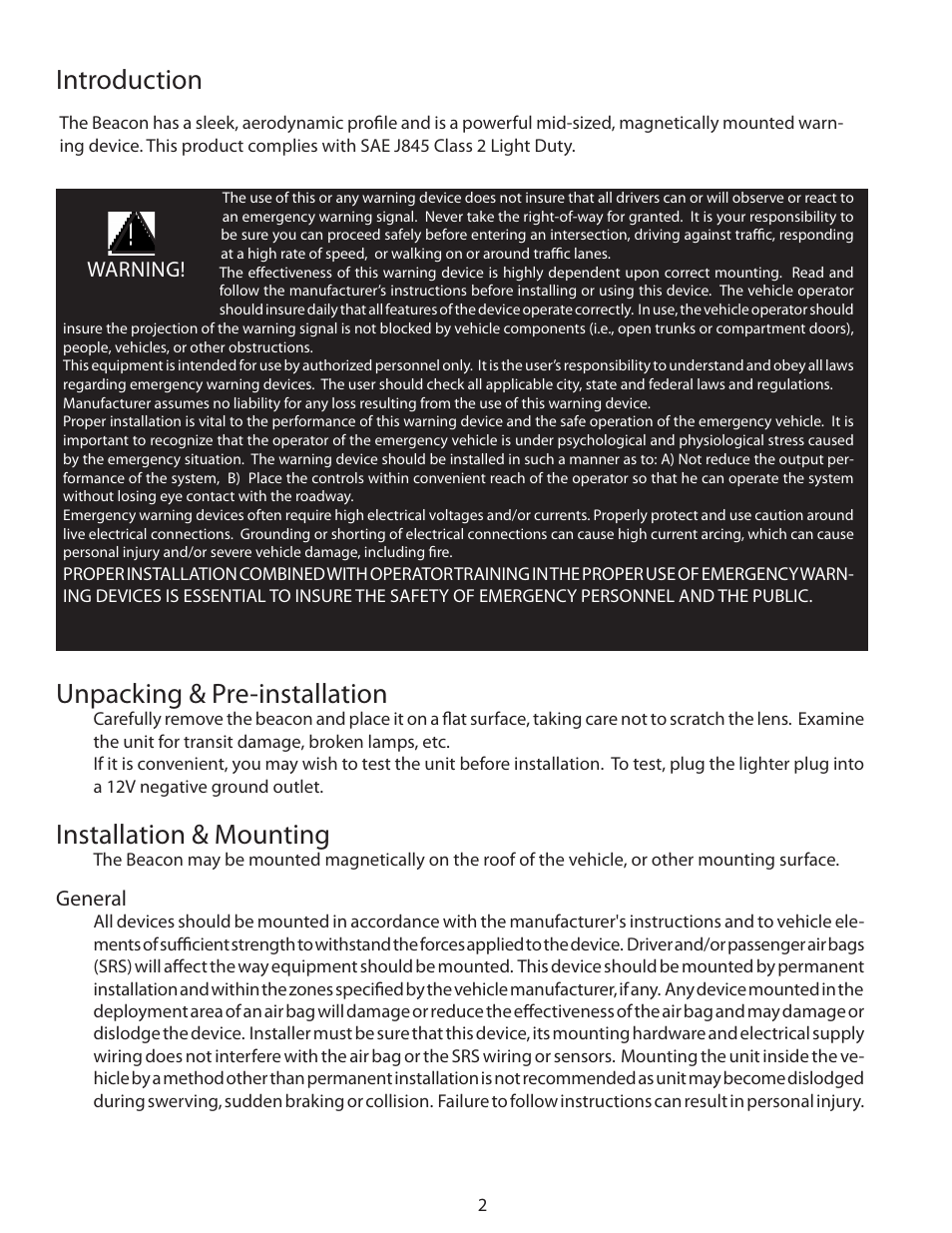 Installation & mounting, Unpacking & pre-installation, Introduction | General, Warning | Code 3 E-10 Beacon Series User Manual | Page 2 / 4