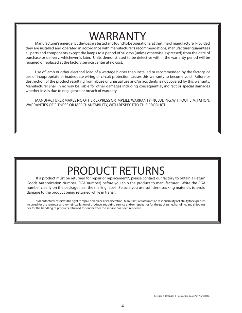 Product returns, Warranty | Code 3 E-10 Beacon Series User Manual | Page 4 / 4