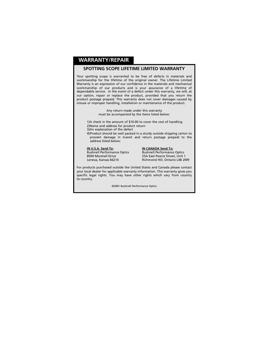 Warranty/repair, Spotting scope lifetime limited warranty | Bushnell NATUREVIEW 78-1645 User Manual | Page 2 / 2