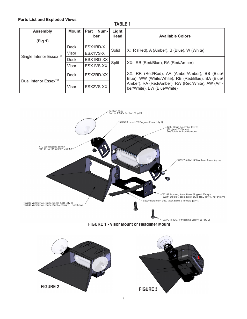 Figure 1 - visor mount or headliner mount table 1, Figure 2 figure 3 | Code 3 Essex User Manual | Page 3 / 6