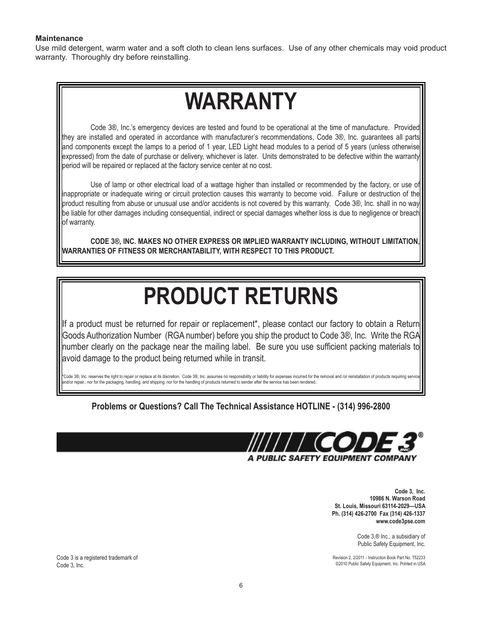 Warranty, Product returns | Code 3 Essex User Manual | Page 6 / 6