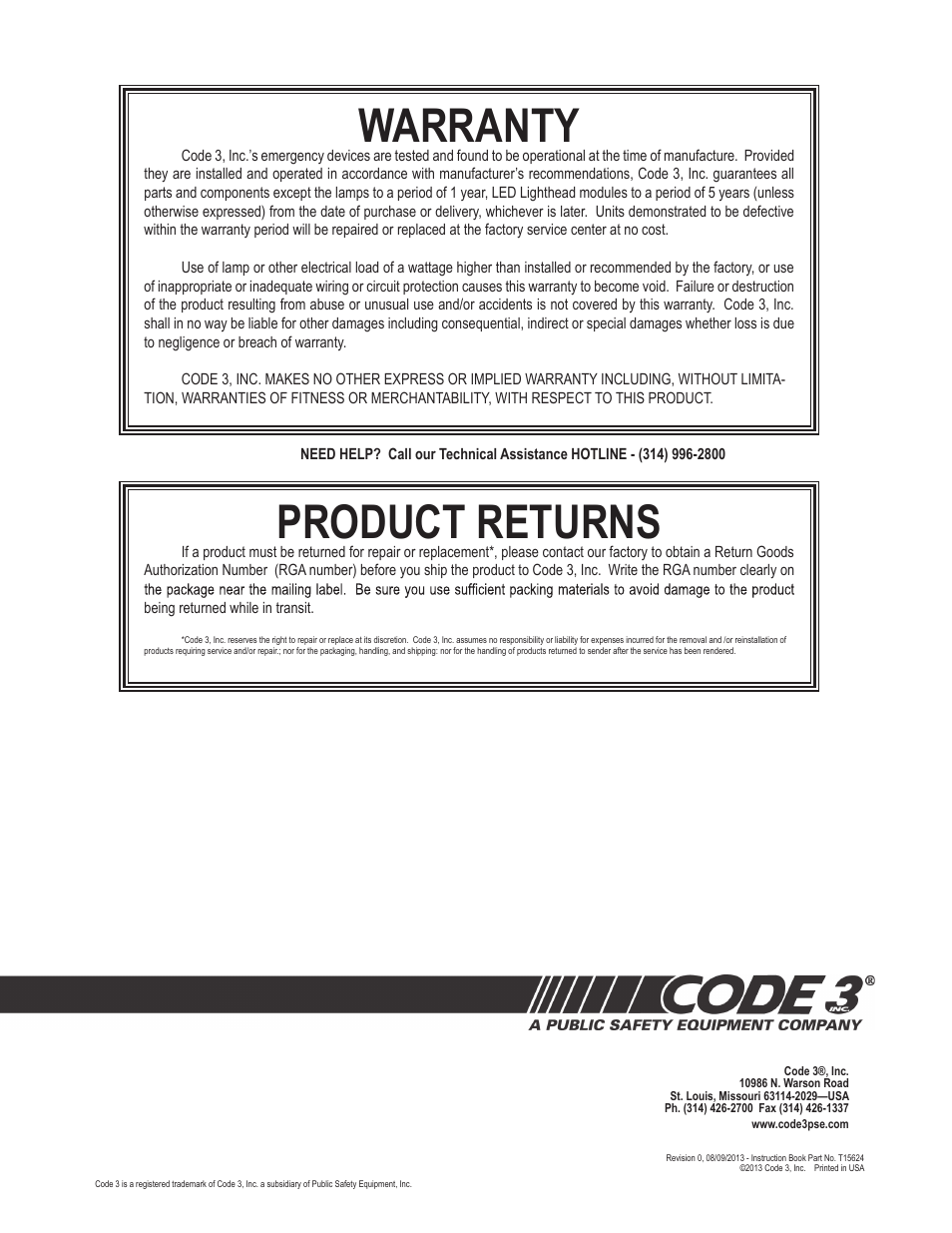 Warranty, Product returns | Code 3 Ford PI B-Pillar Bracket User Manual | Page 4 / 4