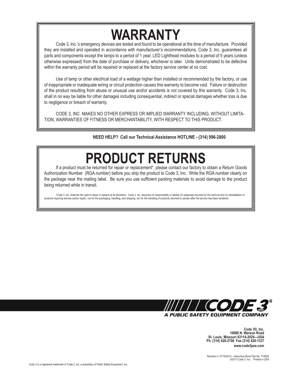 Warranty, Product returns | Code 3 Ford PI Citadel User Manual | Page 8 / 8