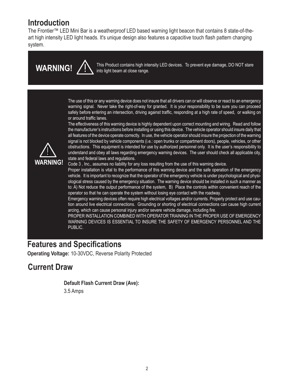 Features and specifications, Introduction, Warning | Current draw | Code 3 Frontier LED Mini Bar User Manual | Page 2 / 8