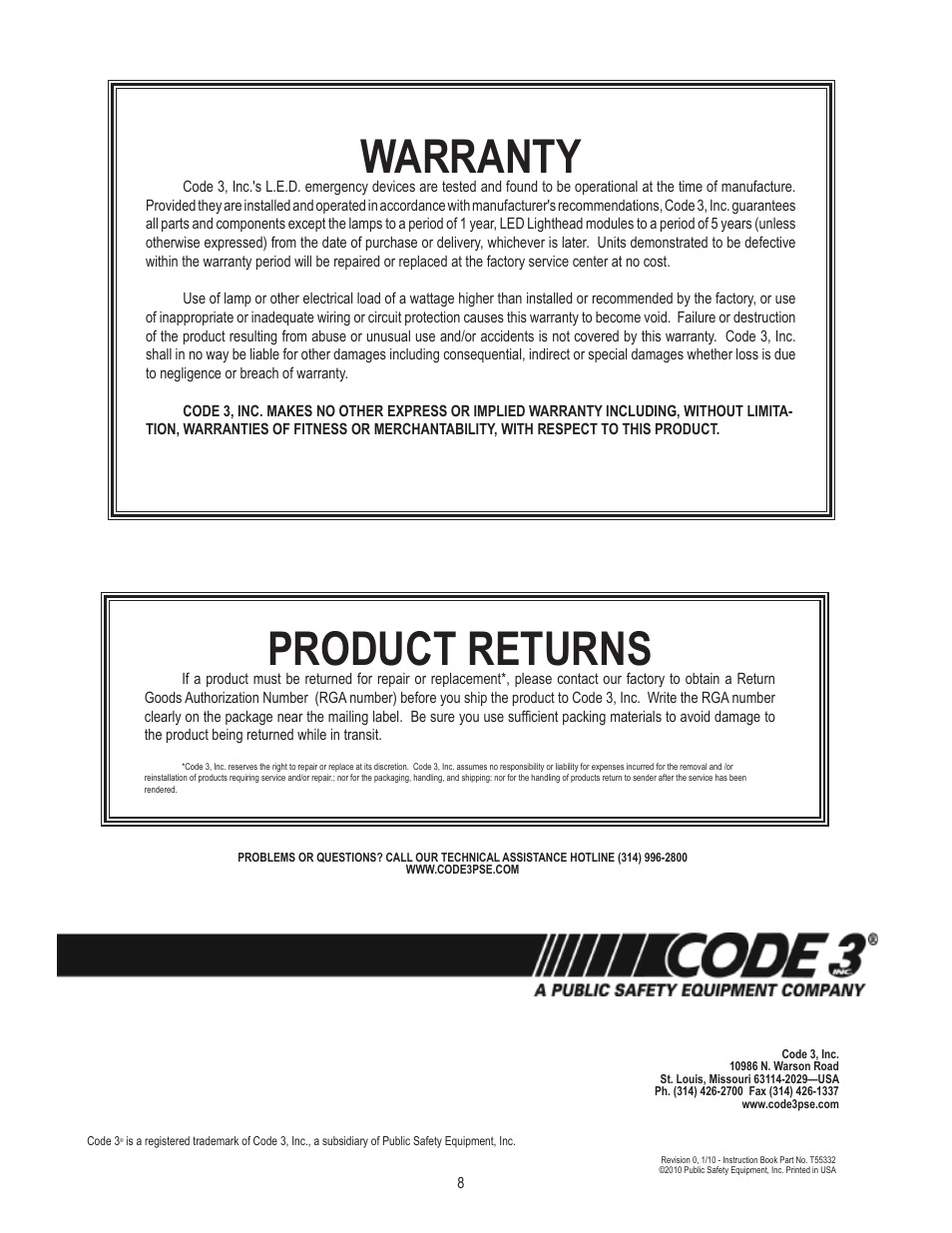 Product returns, Warranty | Code 3 Frontier LED Mini Bar User Manual | Page 8 / 8