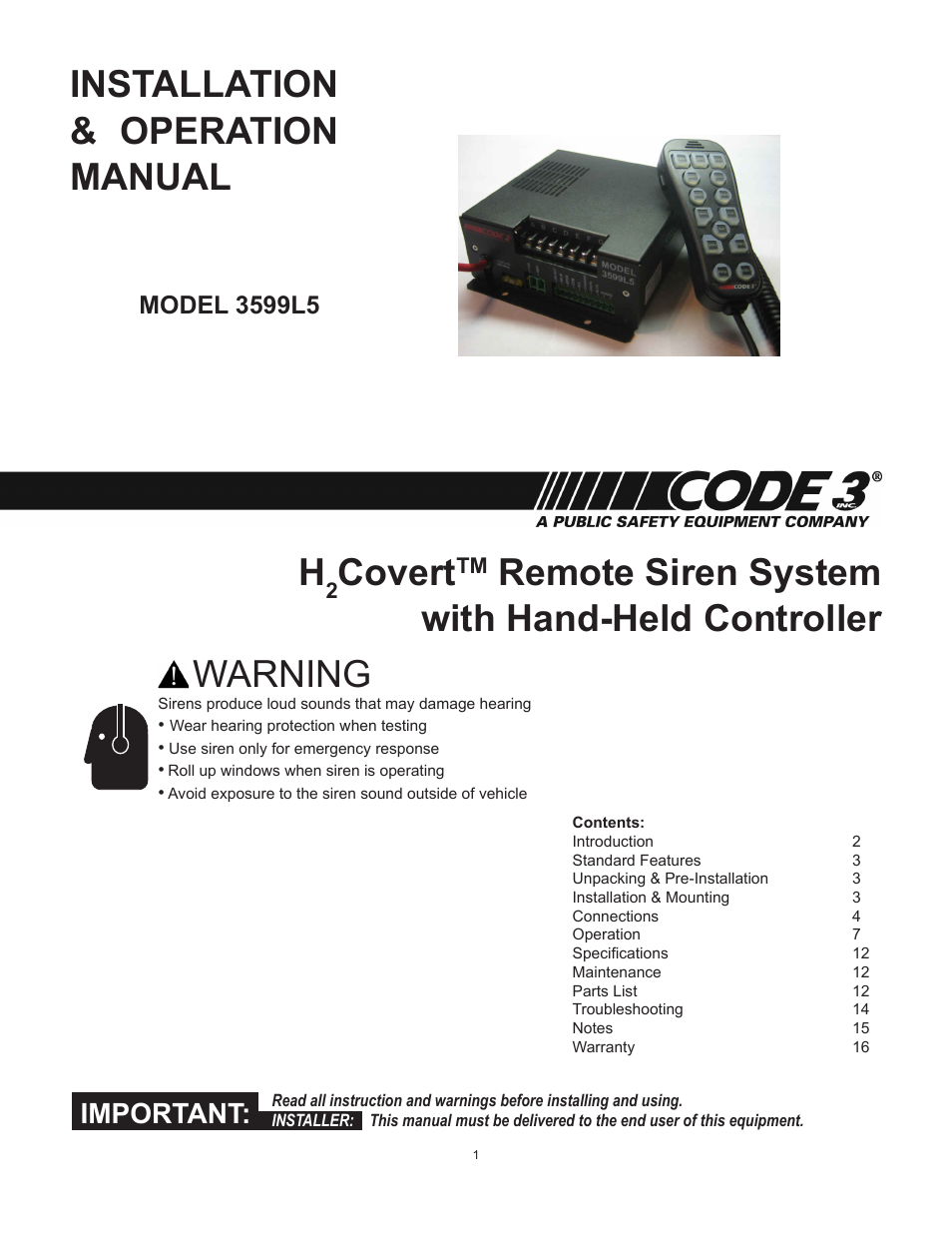 Code 3 H2Covert Siren User Manual | 16 pages