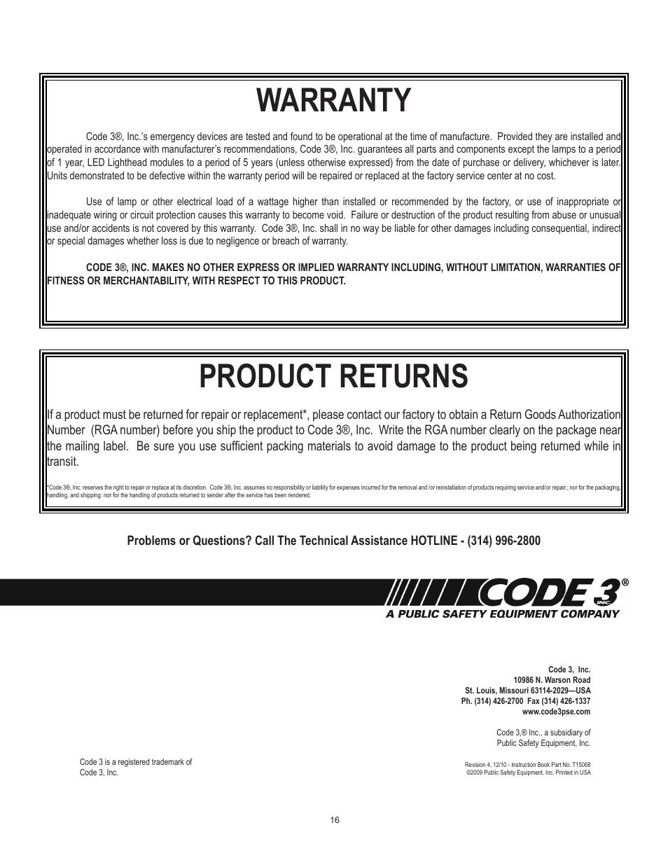 Warranty, Product returns | Code 3 H2Covert Siren User Manual | Page 16 / 16