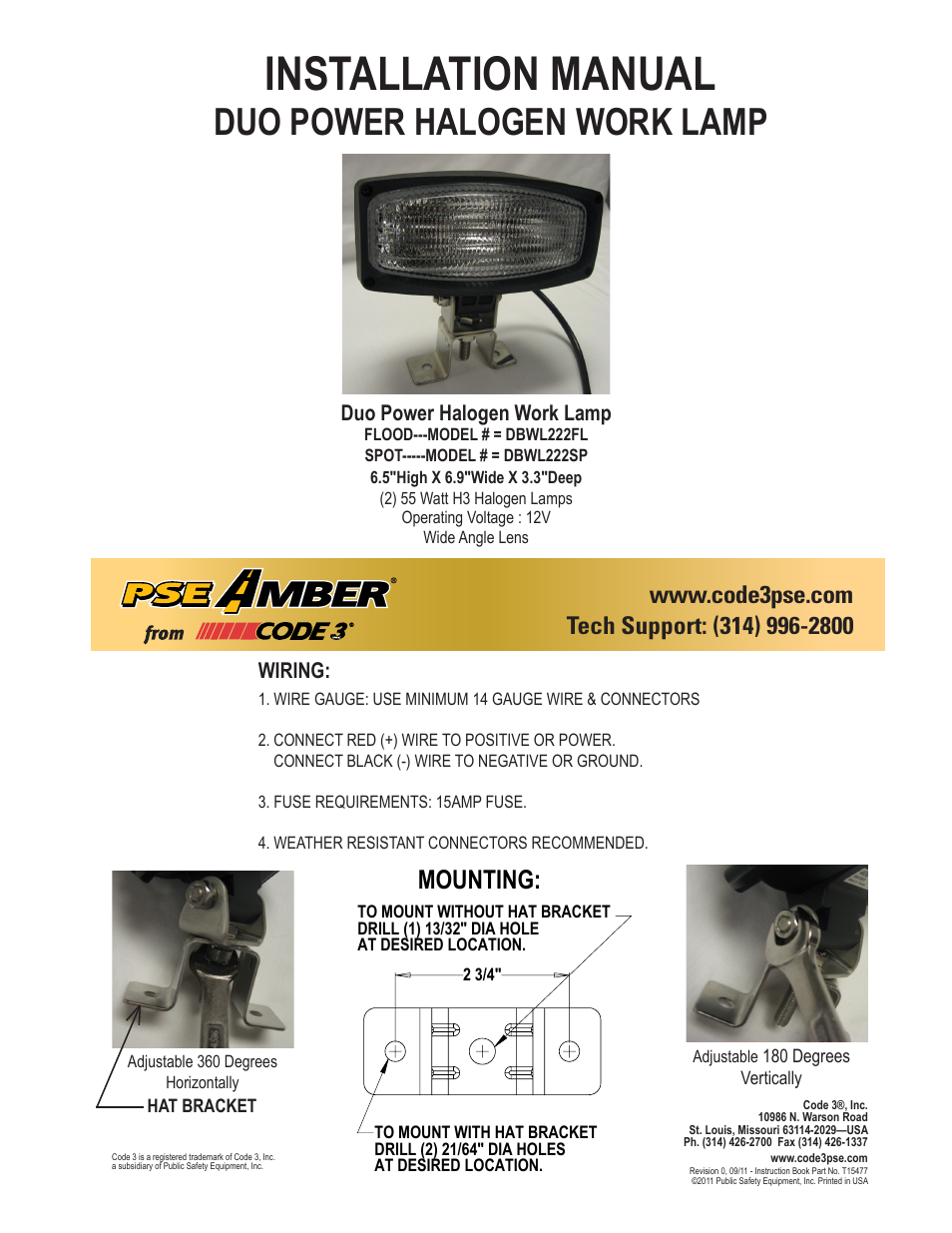 Code 3 Halogen Duo Bulb Work Light User Manual | 1 page