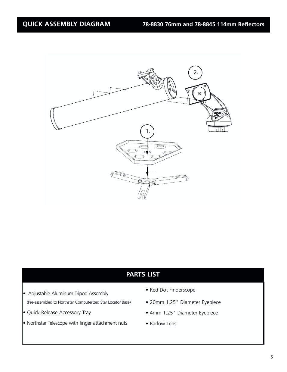 Parts list quick assembly diagram | Bushnell 78-8830 User Manual | Page 5 / 88