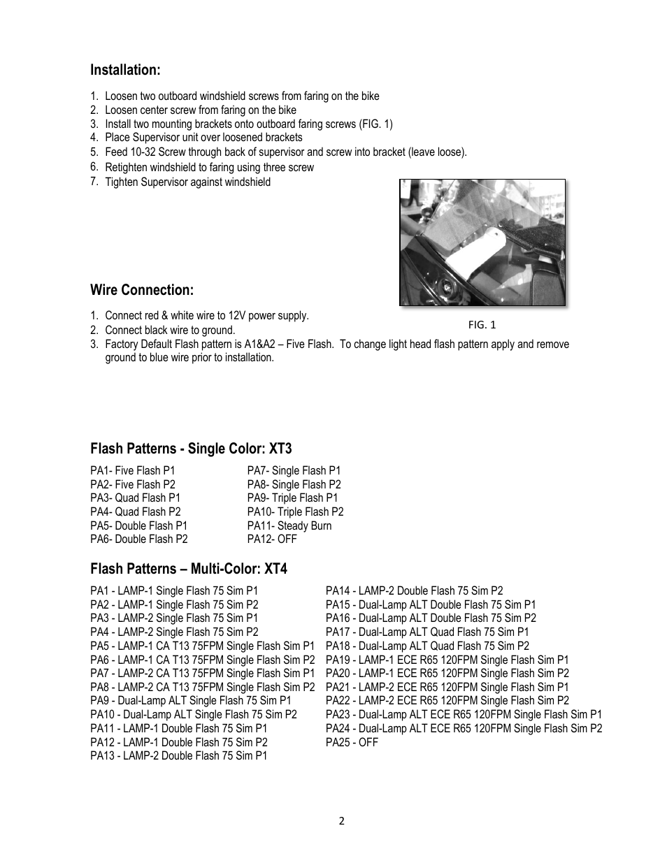 Installation, Wire connection, Flash patterns - single color: xt3 | Flash patterns – multi-color: xt4 | Code 3 Harley Davidson SuperVisor User Manual | Page 2 / 4