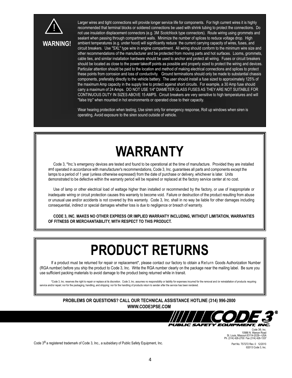 Warranty, Product returns, Warning | Code 3 Harley Davidson SuperVisor User Manual | Page 4 / 4