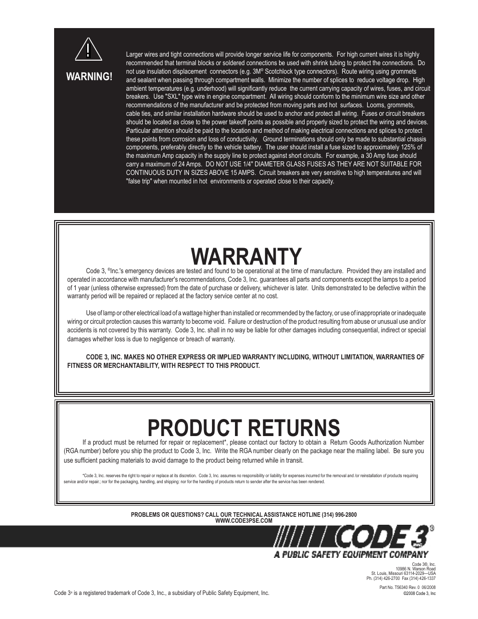 Product returns, Warranty, Warning | Code 3 Harley-Davidson User Manual | Page 12 / 12