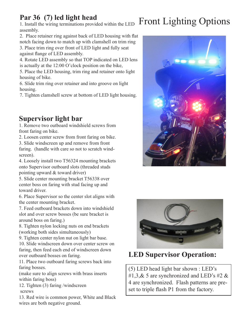 Front lighting options, Par 36 (7) led light head, Supervisor light bar | Led supervisor operation | Code 3 Harley-Davidson User Manual | Page 2 / 12