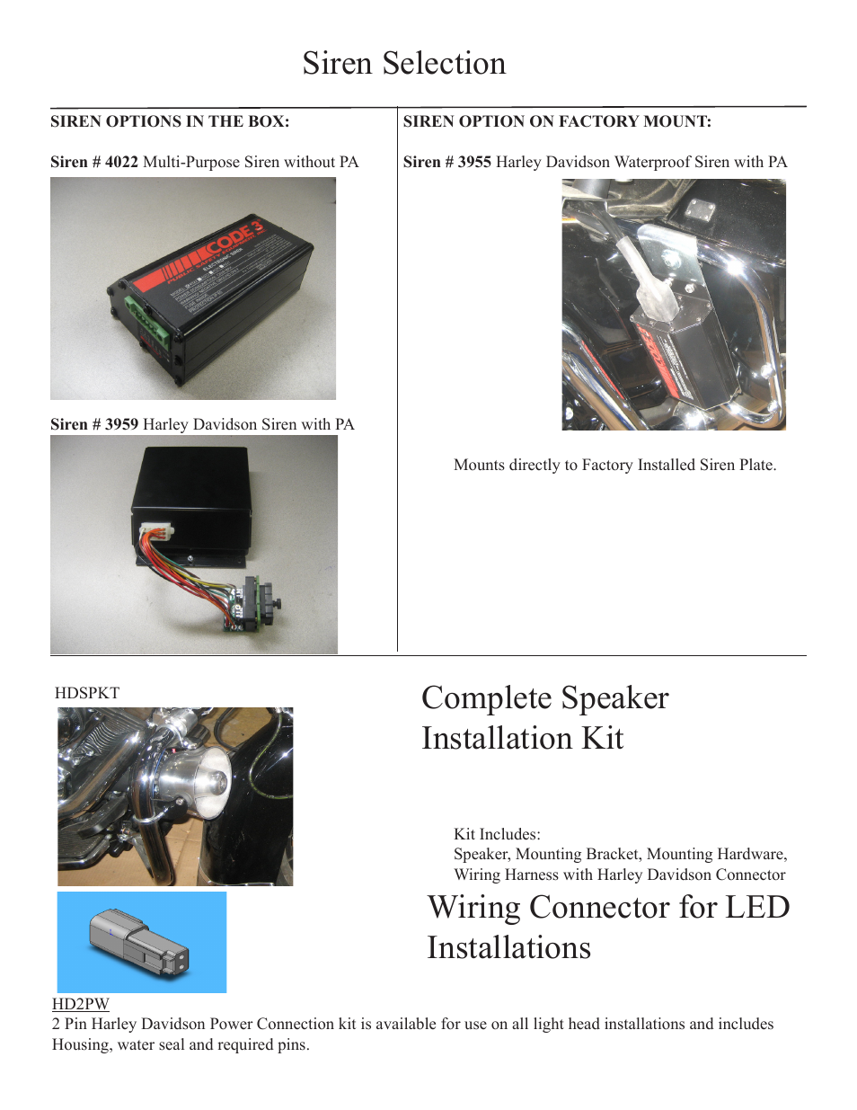 Siren selection complete speaker installation kit, Wiring connector for led installations | Code 3 Harley-Davidson User Manual | Page 8 / 12