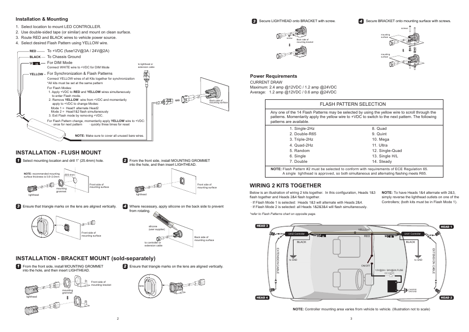 Installation - flush mount, Installation - bracket mount (sold-separately), Wiring 2 kits together | Code 3 HB4PAK User Manual | Page 2 / 2