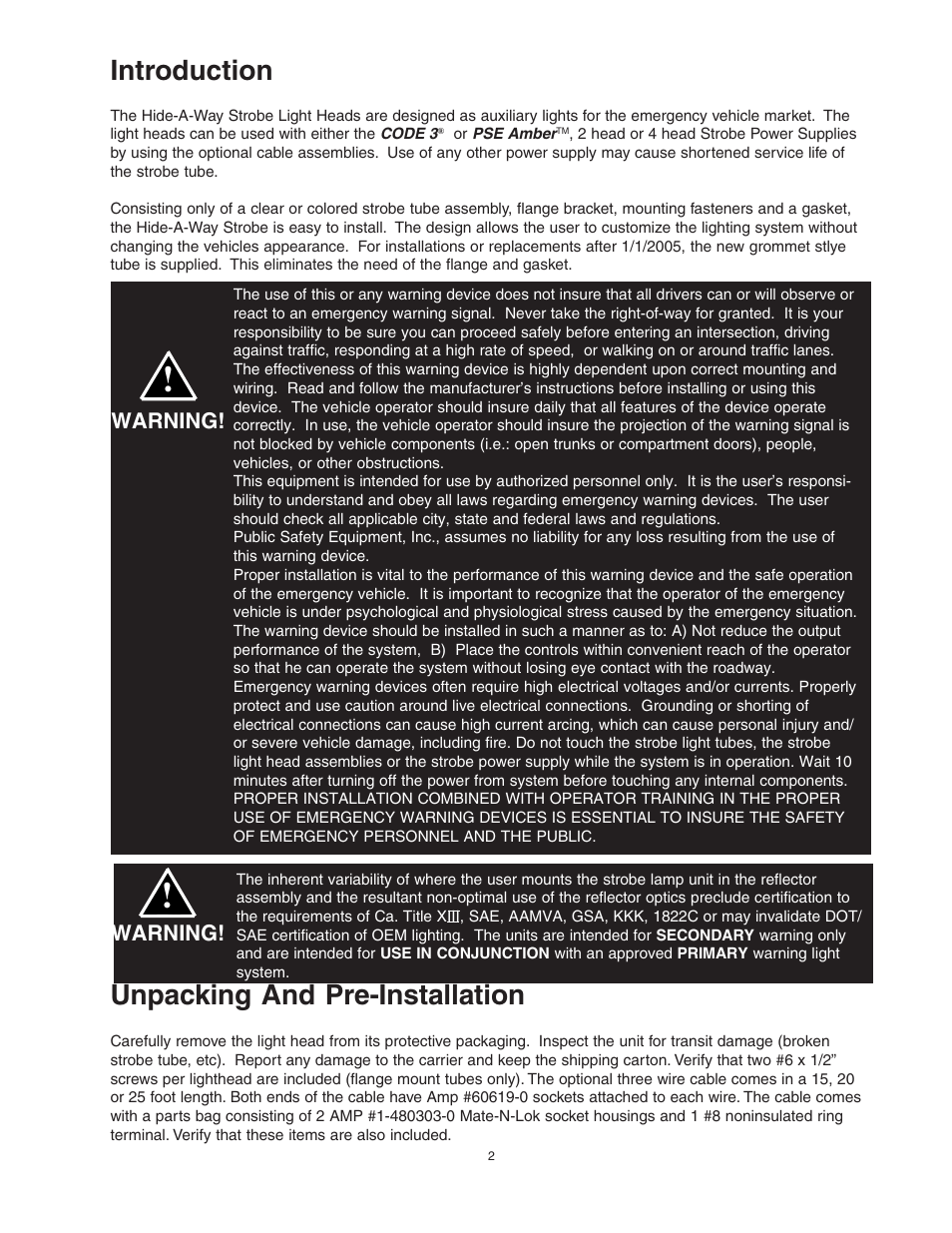 Introduction, Unpacking and pre-installation | Code 3 Hide-A-Way User Manual | Page 2 / 8