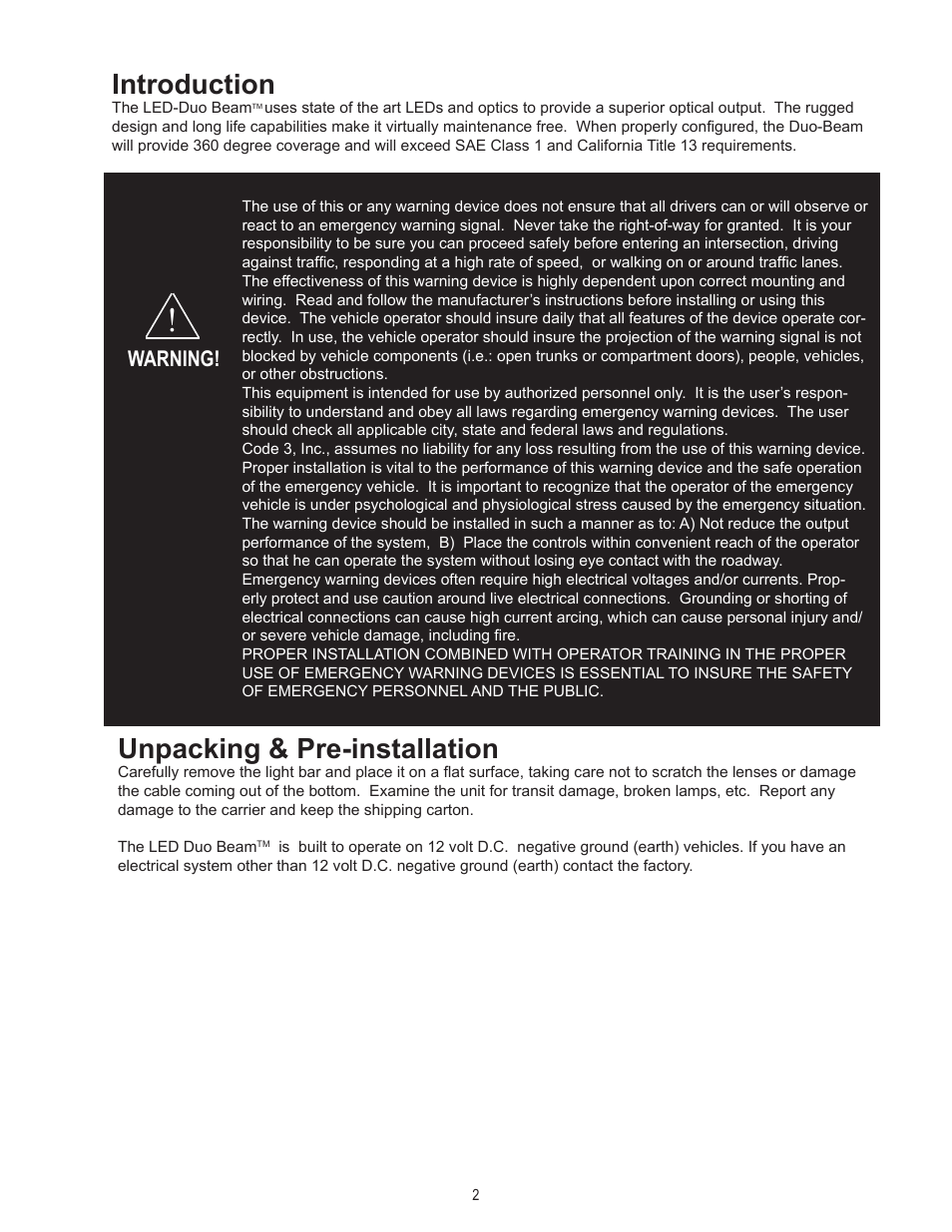 Introduction, Unpacking & pre-installation, Warning | Code 3 LED DuoBeam User Manual | Page 2 / 8