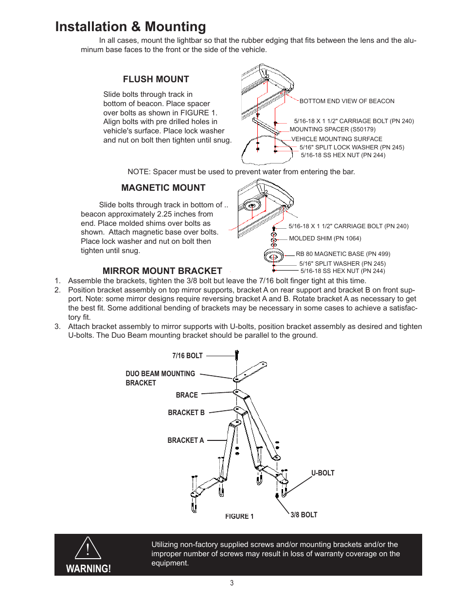Installation & mounting, Warning | Code 3 LED DuoBeam User Manual | Page 3 / 8