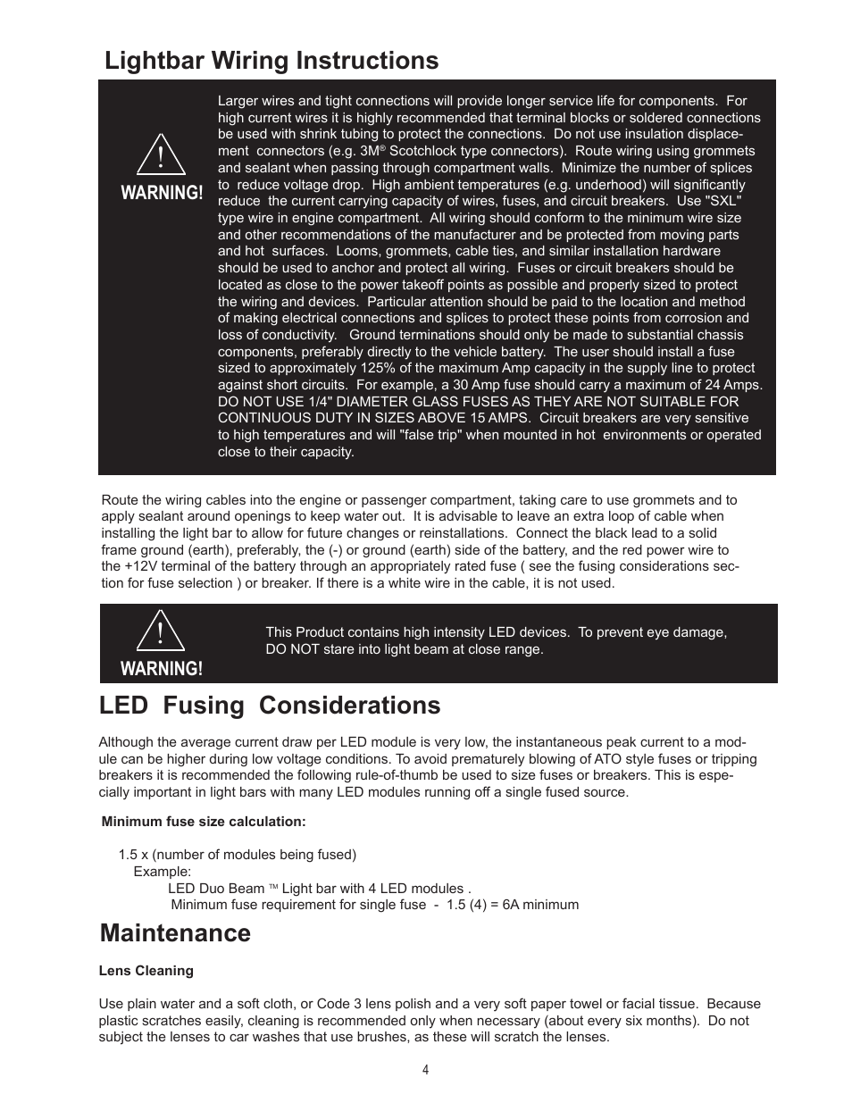 Lightbar wiring instructions, Led fusing considerations, Maintenance | Warning | Code 3 LED DuoBeam User Manual | Page 4 / 8