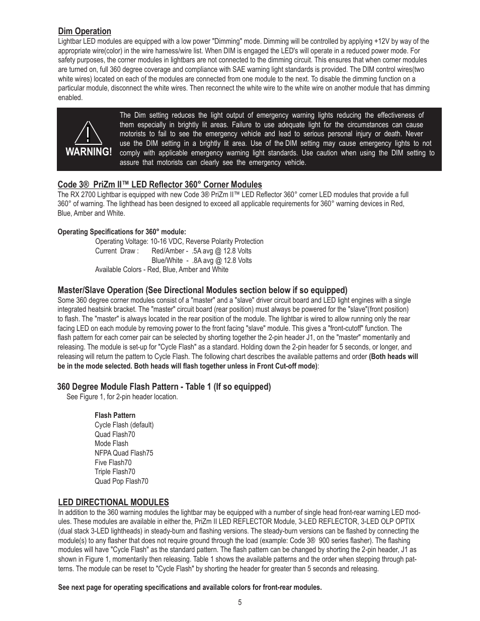 Warning | Code 3 LED DuoBeam User Manual | Page 5 / 8