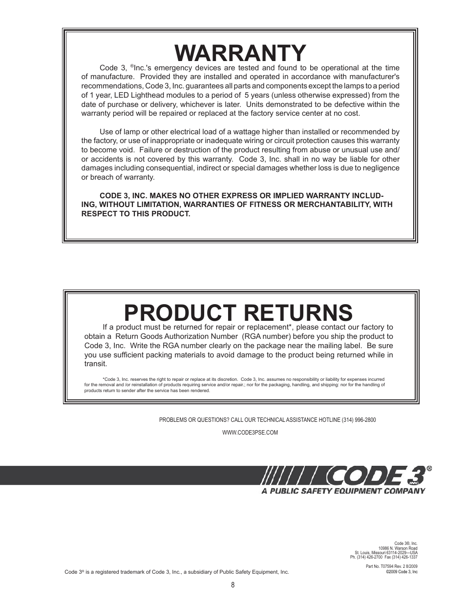 Product returns, Warranty | Code 3 LED DuoBeam User Manual | Page 8 / 8