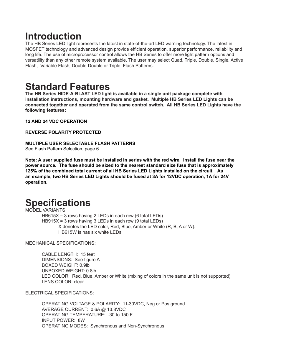 Introduction, Standard features, Specifications | Code 3 LED Hide-A-Blast User Manual | Page 2 / 8