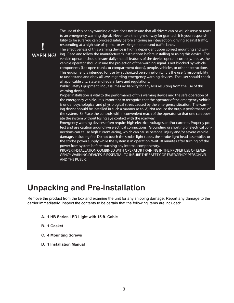 Unpacking and pre-installation, Warning | Code 3 LED Hide-A-Blast User Manual | Page 3 / 8