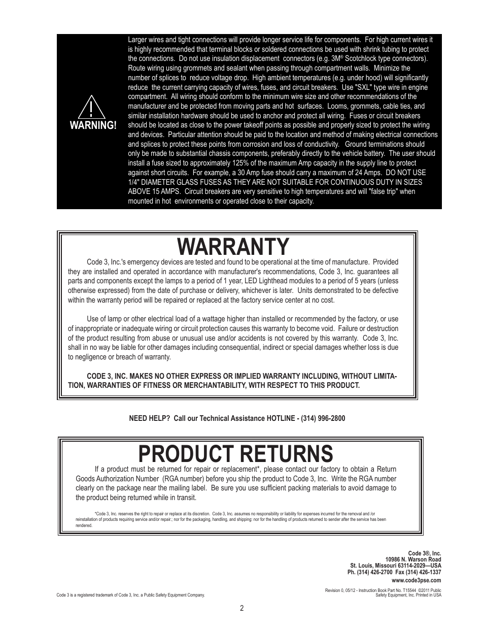 Warranty, Product returns, Warning | Code 3 LED Patient Compartment Light User Manual | Page 2 / 2