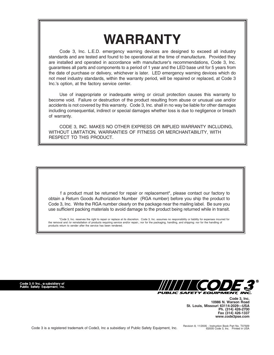 Product returns, Warranty | Code 3 LED Perimeter Lights User Manual | Page 12 / 12