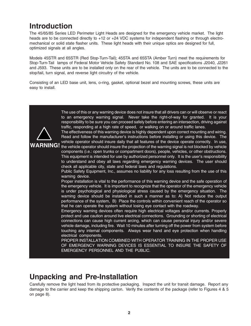 Introduction, Unpacking and pre-installation | Code 3 LED Perimeter Lights User Manual | Page 2 / 12