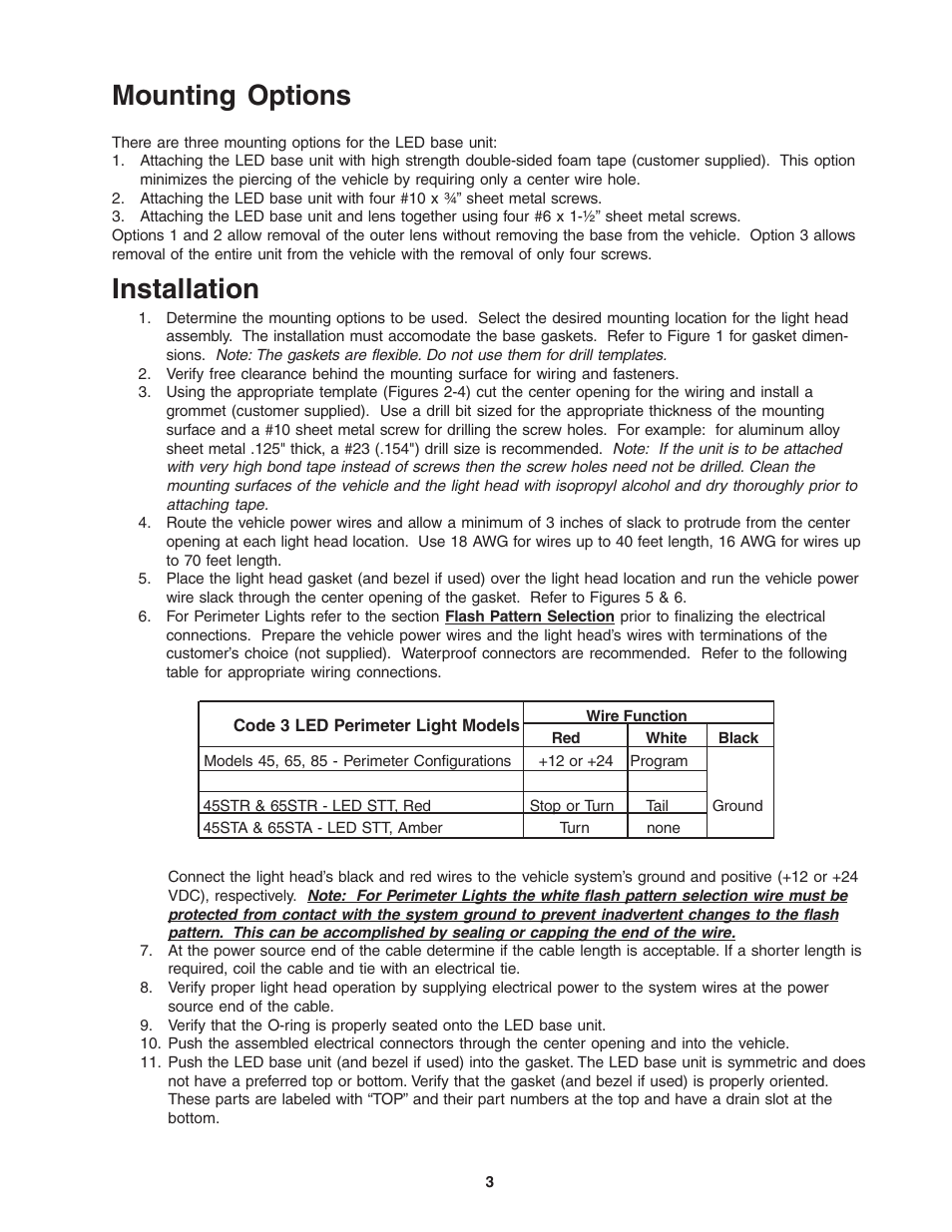 Installation, Mounting options | Code 3 LED Perimeter Lights User Manual | Page 3 / 12