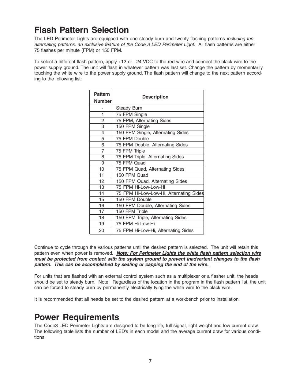 Flash pattern selection, Power requirements | Code 3 LED Perimeter Lights User Manual | Page 7 / 12