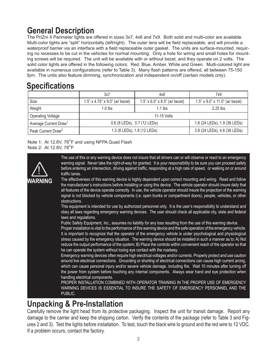 Unpacking & pre-installation, General description, Specifications | Warning | Code 3 LED PriZm II Perimeter Lights User Manual | Page 2 / 8