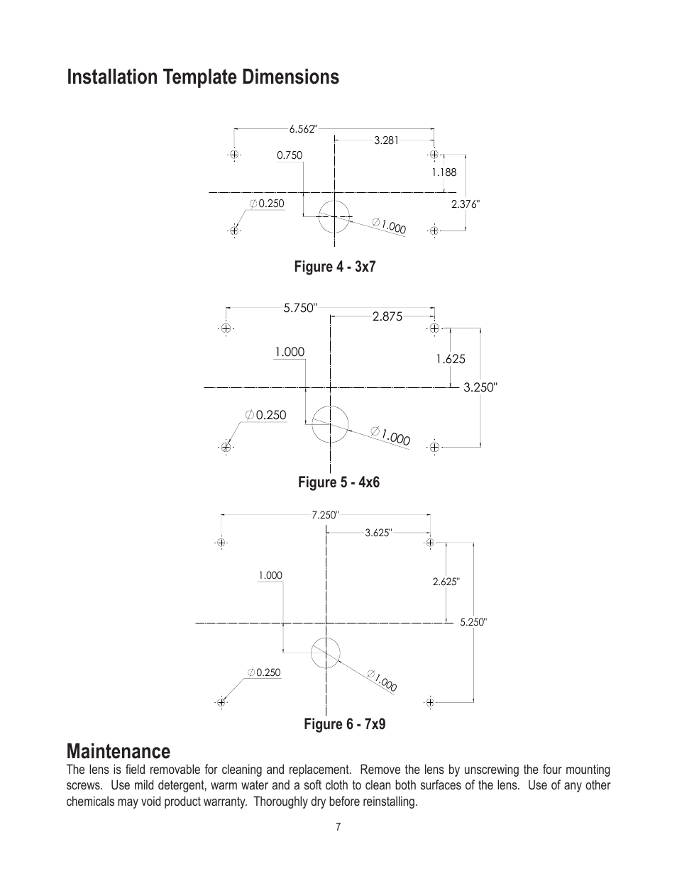 Installation template dimensions, Maintenance | Code 3 LED PriZm II Perimeter Lights User Manual | Page 7 / 8