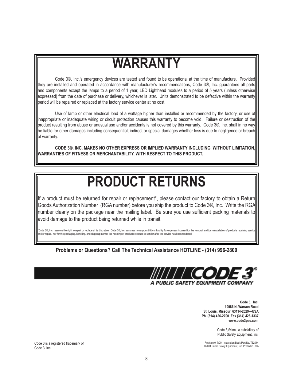 Warranty, Product returns | Code 3 LED PriZm II Perimeter Lights User Manual | Page 8 / 8