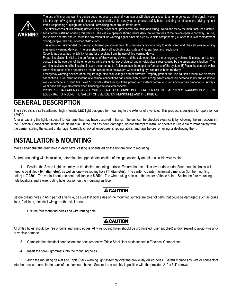 General description, Installation & mounting, Warning | Code 3 LED Scene Light User Manual | Page 2 / 4
