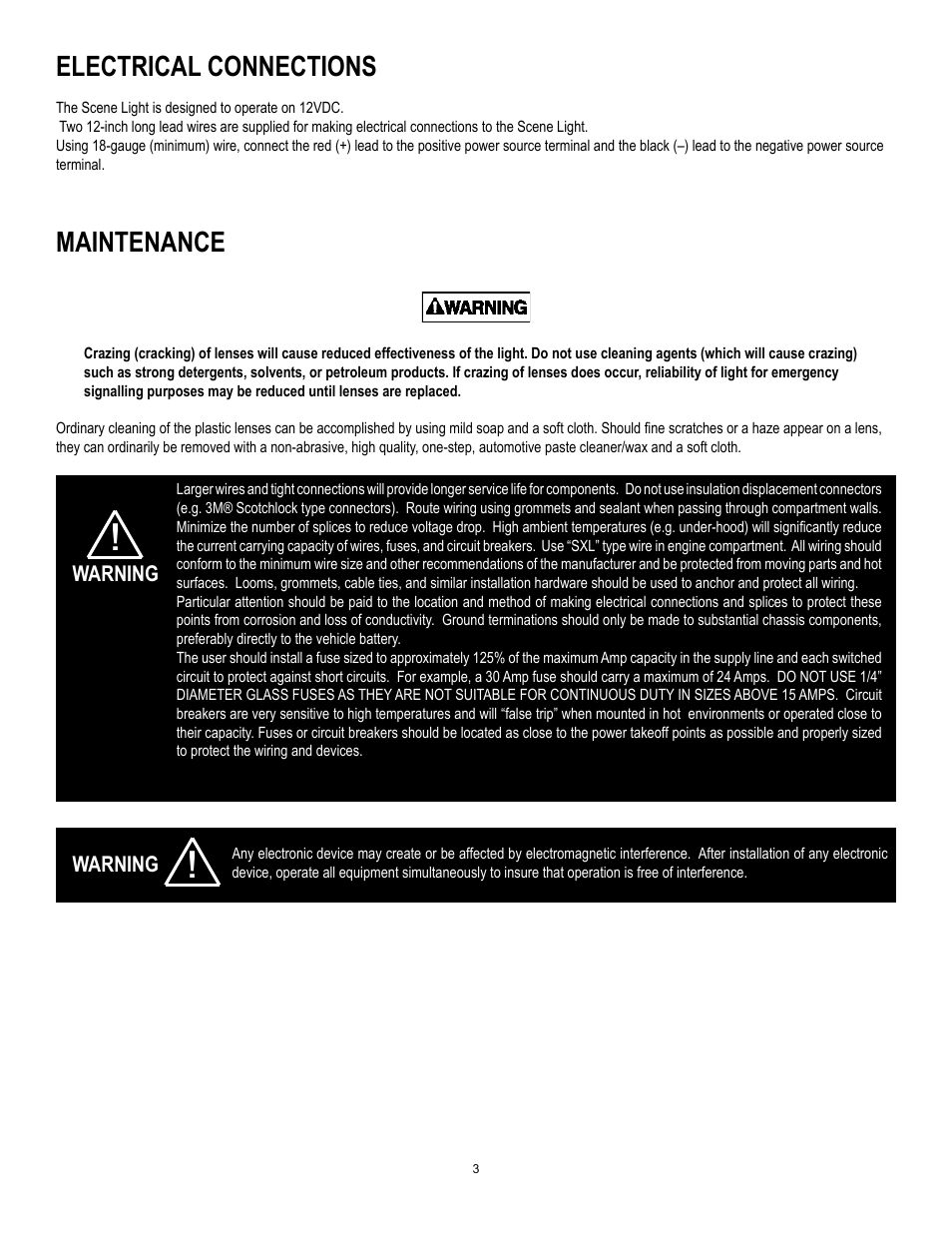Maintenance, Electrical connections | Code 3 LED Scene Light User Manual | Page 3 / 4