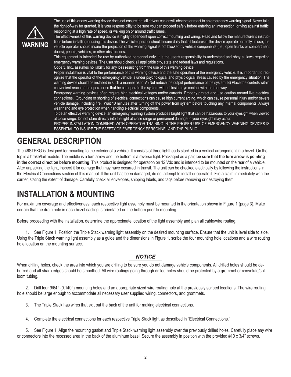 General description, Installation & mounting, Warning | Code 3 LED Triple Stack User Manual | Page 2 / 4