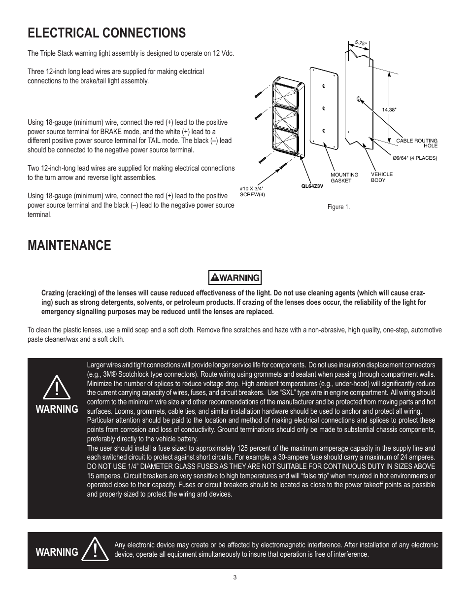Maintenance, Electrical connections, Warning | Code 3 LED Triple Stack User Manual | Page 3 / 4