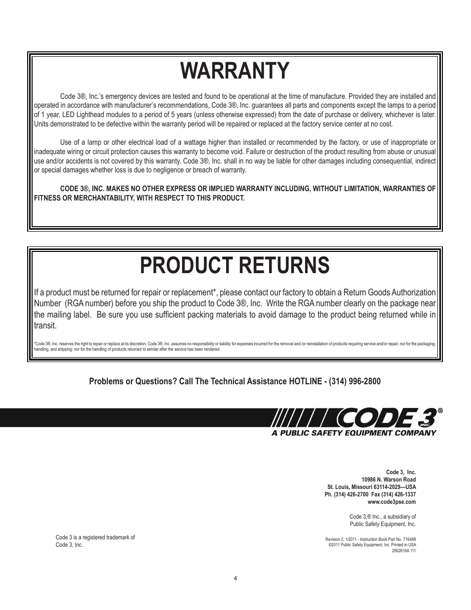 Warranty, Product returns | Code 3 LED Triple Stack User Manual | Page 4 / 4