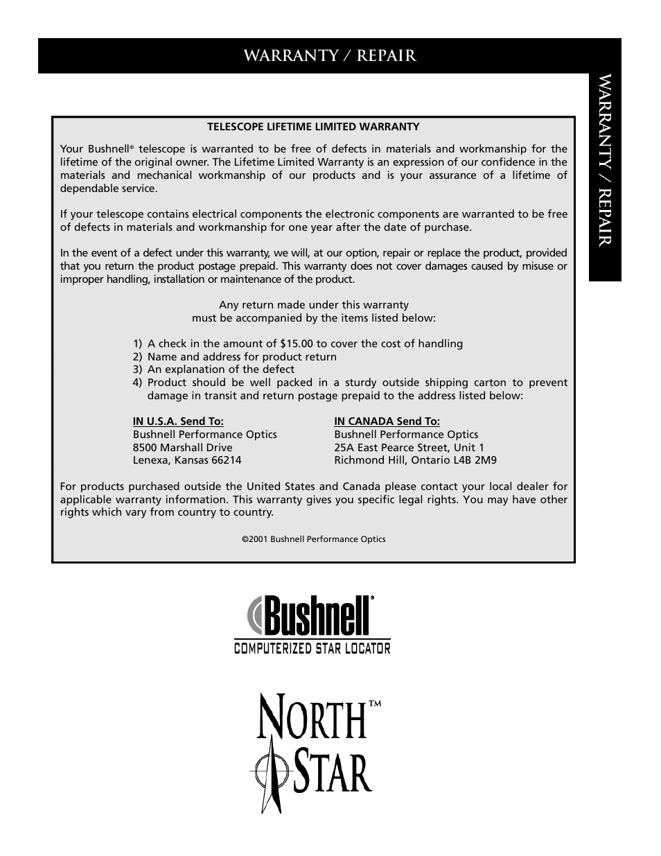 Computerized star locator, Warranty / repair | Bushnell 78-7830 User Manual | Page 39 / 39