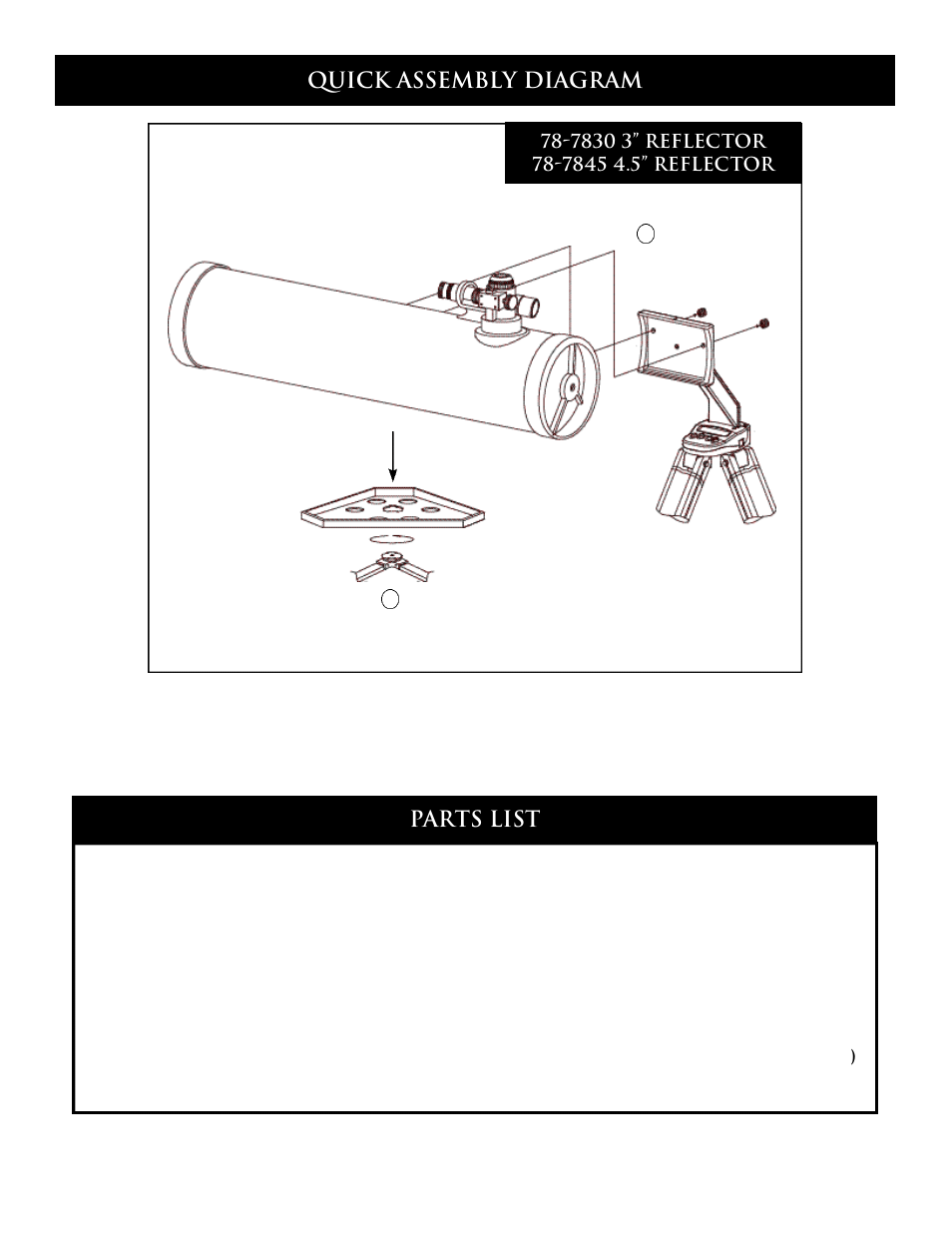 Parts list, Quick assembly diagram | Bushnell 78-7830 User Manual | Page 7 / 39