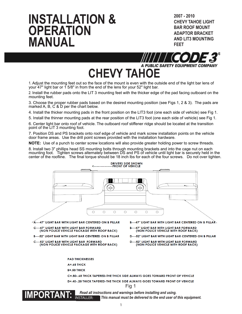 Code 3 LIT3 Mounting Kits Chevy Tahoe User Manual | 2 pages