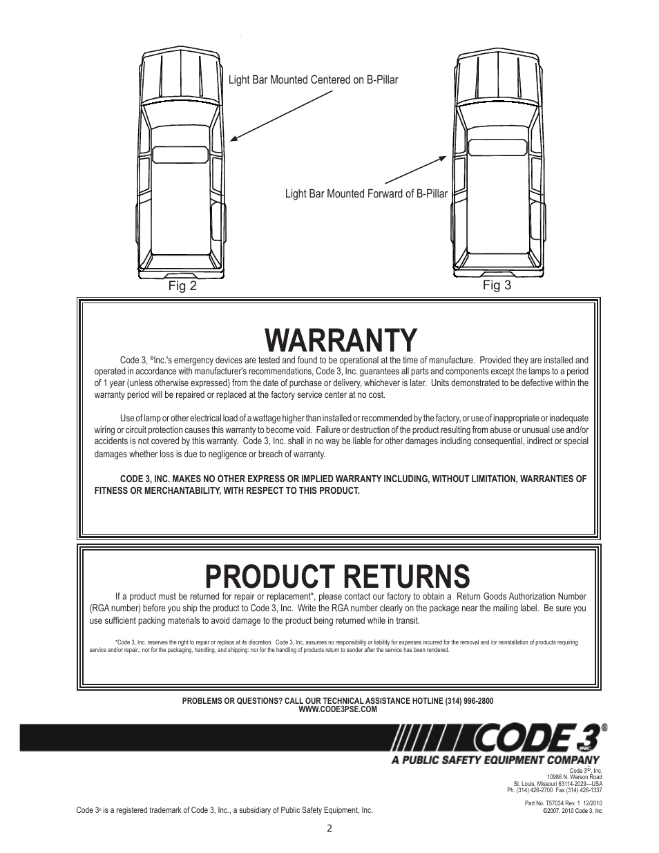 Product returns, Warranty, Fig 2 fig 3 | Code 3 LIT3 Mounting Kits Chevy Tahoe User Manual | Page 2 / 2