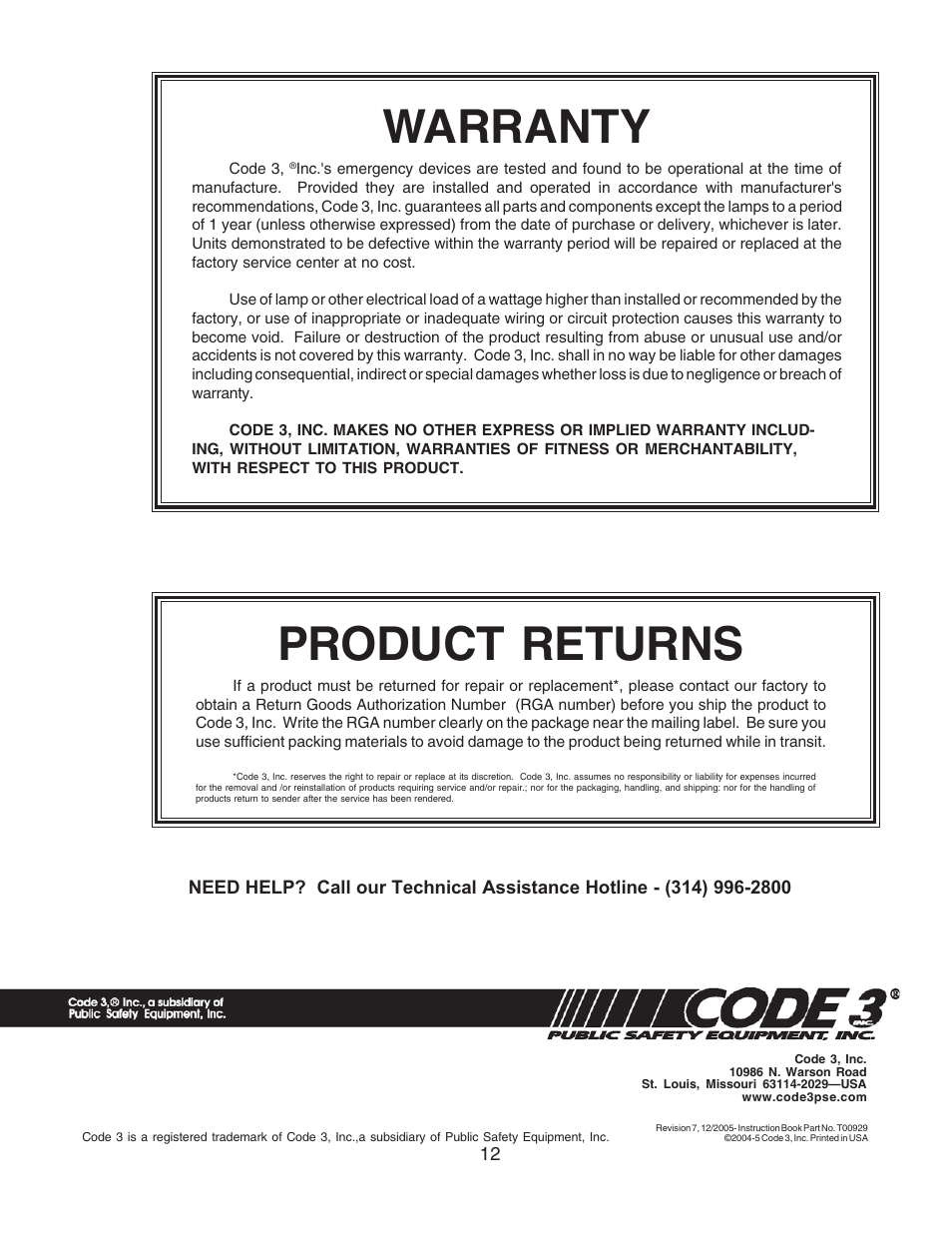 Warranty, Product returns | Code 3 LP 6000 User Manual | Page 12 / 12
